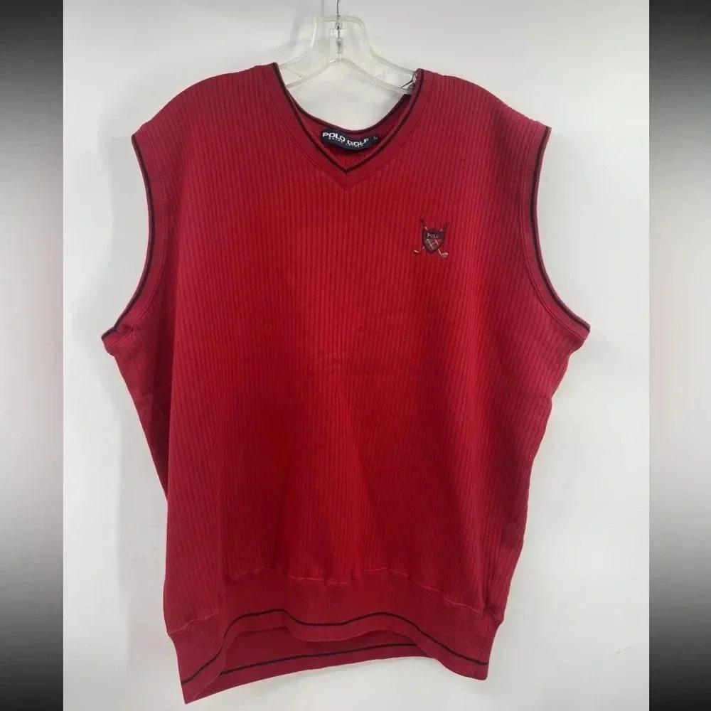 Vintage Polo Ralph Lauren Golf  Vest V Neck Mens L Red Cotton Rib Y2K